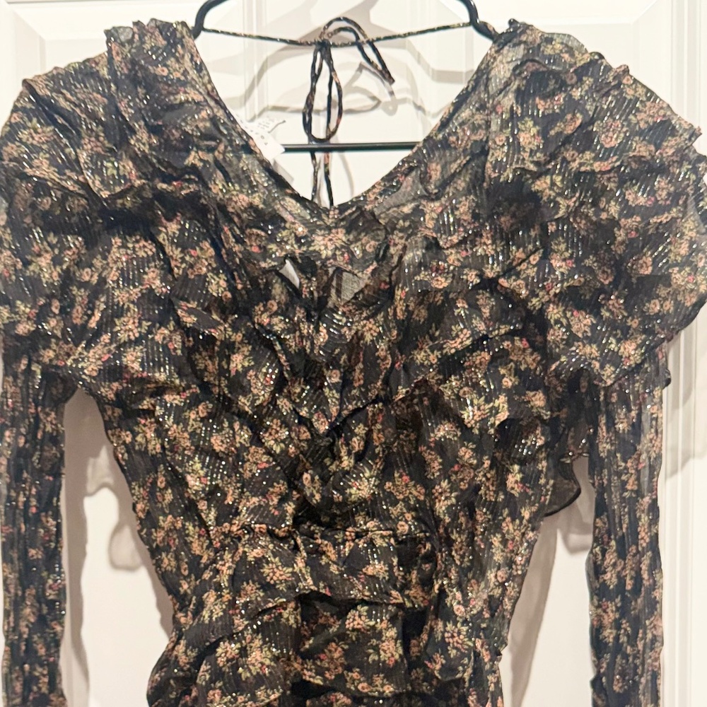 Topshop Sheer Floral Ruffle Ruched Long Sleeve Top – Black Multicolor – US 4
